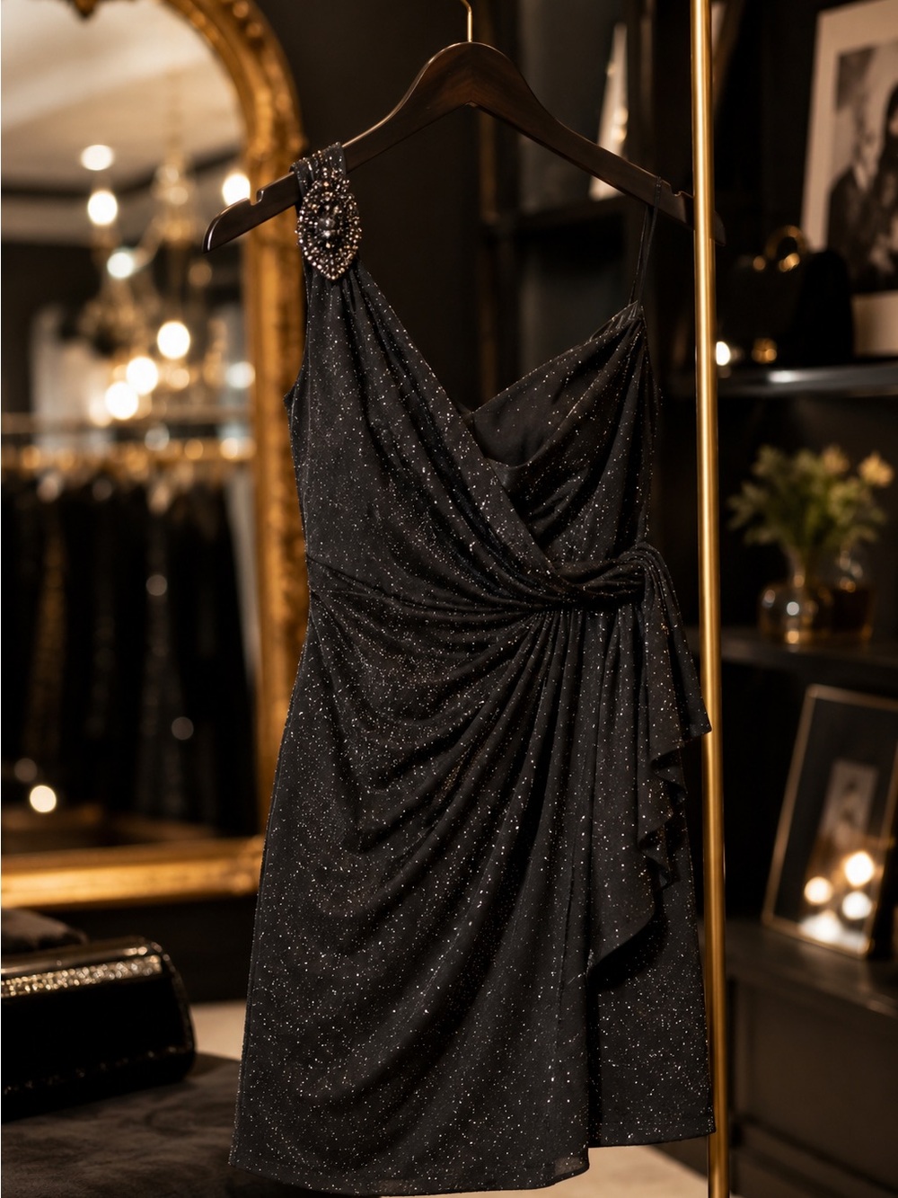 Xscape Black One-Shoulder Glitter Cocktail Dress